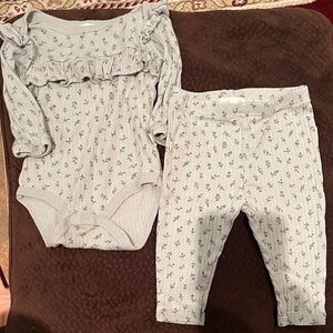 Baby Girls Light Blue Floral Ribbed Matching Set - 2-Piece Bodysuit & Pants